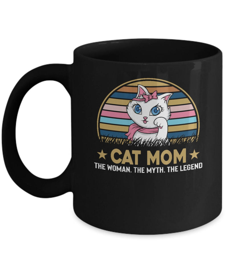 Cat Mom the Woman, the Myth the Legend Cat Mom Black Mug, Cat Printed Mug, Black Ceramic Mug, Cute Cat Ceramic Coffee Mug, Morning Tea Mug