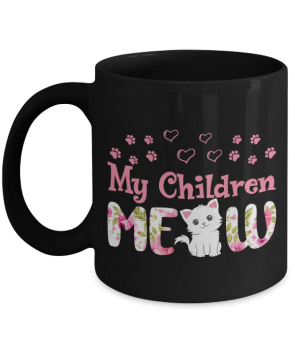 My Children Meow Mug Custom Cat Coffee Mug | Cat Lover Gift Black Cat Mug with Children's Name 11oz Coffee Mug | Black Mug Friend Gift Idea