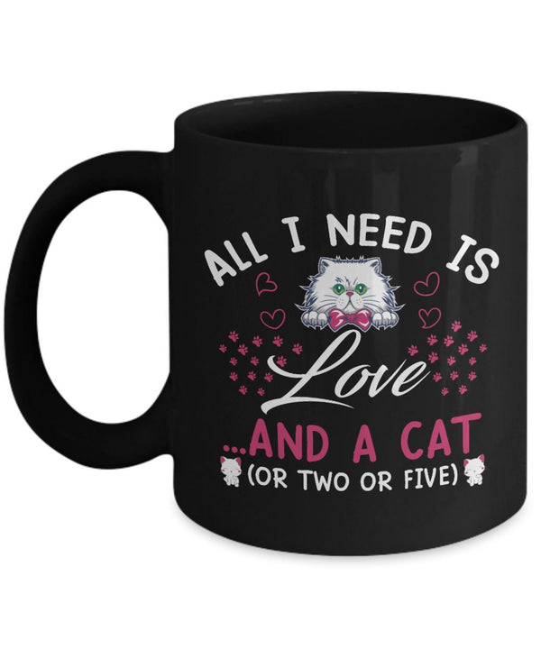 All You Need Is Love and Cat Black Mug | Cat Lover Black Coffee Cup Best Friend Gift | Eye-Catchy Black Coffee Mug Cat Mama Gift Cat Mug