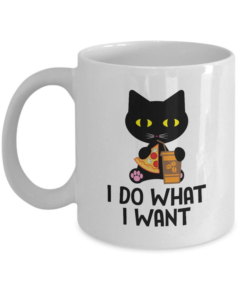 I Do What I Want eye-catchy Black Cat Lovers White Mug | Funny Cat Ceramic Mug I Do What I Want | White 11 Oz High Quality Coffee cat Mug