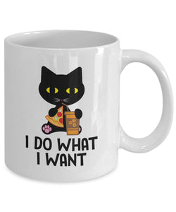 I Do What I Want eye-catchy Black Cat Lovers White Mug | Funny Cat Ceramic Mug I Do What I Want | White 11 Oz High Quality Coffee cat Mug